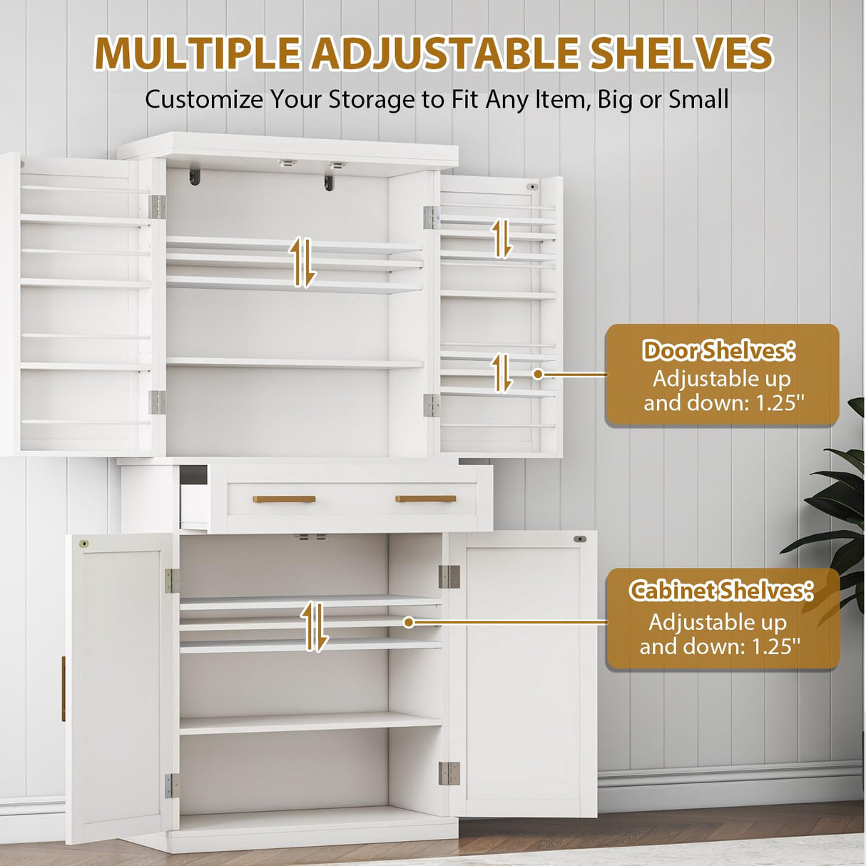 Tall Kitchen Pantry Cabinet with 8 Hanging Shelves, 71” Storage Cabinet with 2 Cabinets, a Large Drawer & Adjustable Shelves, Freestanding Pantry Cabinet for Kitchen, Dining Room, Living Room, White knoworld