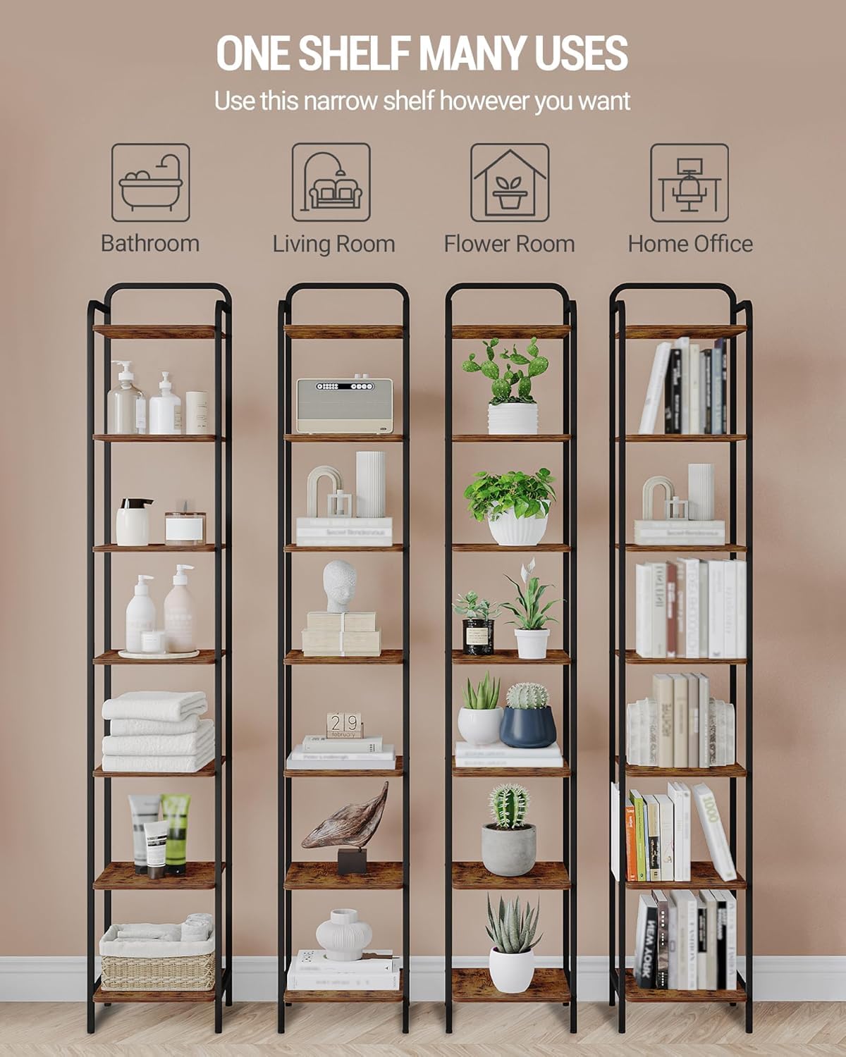 Hzuaneri Bookcase Bookshelf, Narrow Book Shelf, Industrial Corner Shelf Storage Organizer, Slim Shelving Unit for Home Office, Living Room, Bedroom, Kitchen, 7-Tier Rustic Brown and Black BC24701B Hzuaneri