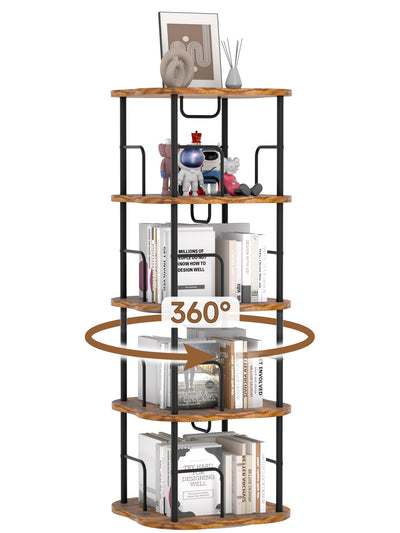 TEROL 4-Tier Rotating Book Shelf, 360° Display Spinning Bookshelf Tower, Book Organizer, Floor Standing Bookcases for Small Space, Corner Book Shelf for Bedroom, Living Room, Study Room (RUSTIC BROWN)