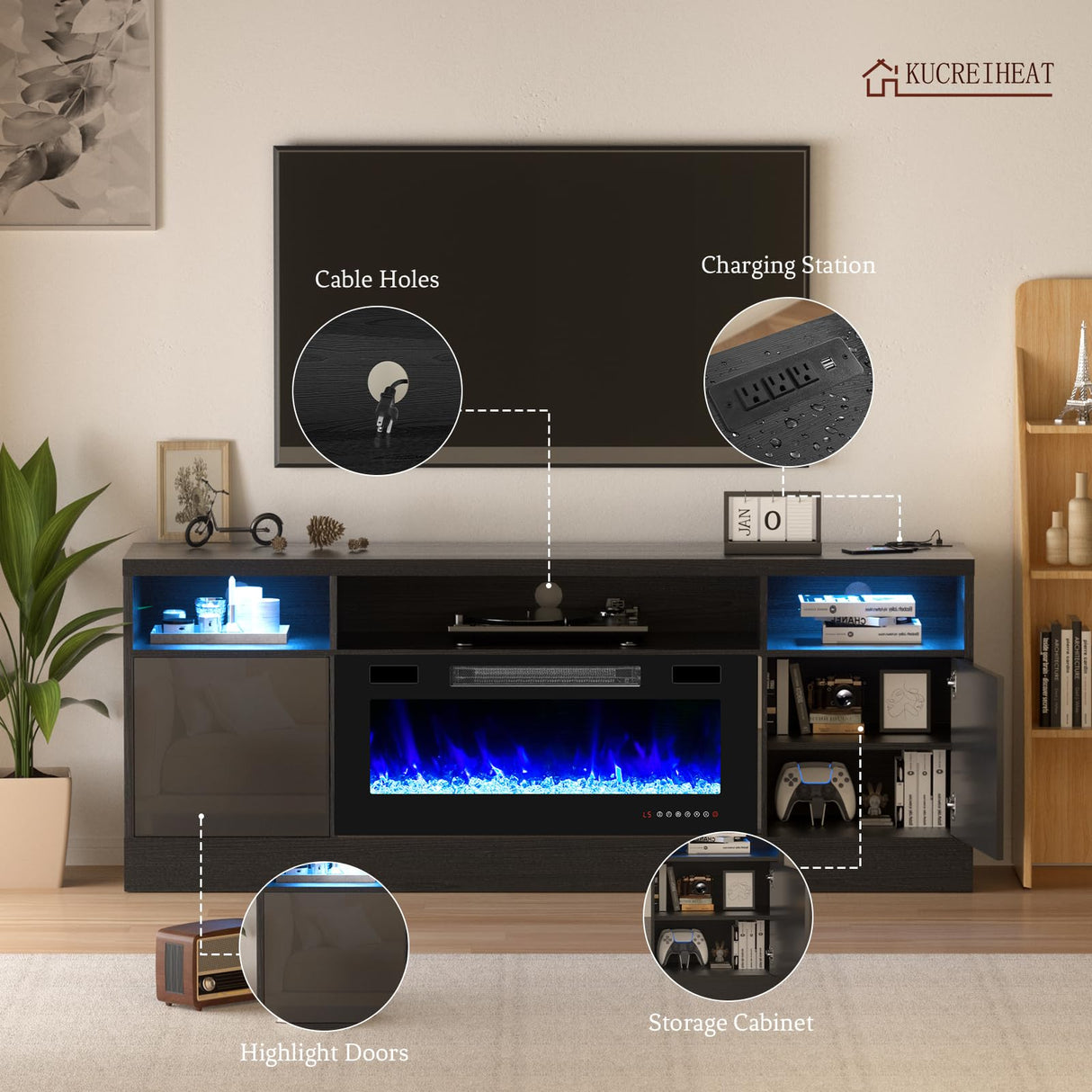 Kucreiheat 70'' TV Stand with 36'' Fireplace-LED Light Entertainment Center for 75+ inch TV-Black TV Cabinet with Storage, Modern TV Console for Living Room Kucreiheat