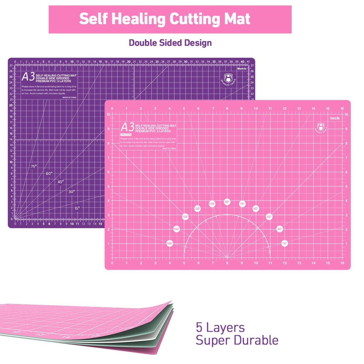 Headley Tools Rotary Cutter Set - 45mm Fabric Cutter, 5 Replacement Rotary Blades, A3 Cutting Mat, Quilting Ruler and Sewing Clips, Craft Knife Set, Ideal for Crafting, Sewing, Patchworking, Pink Headley Tools