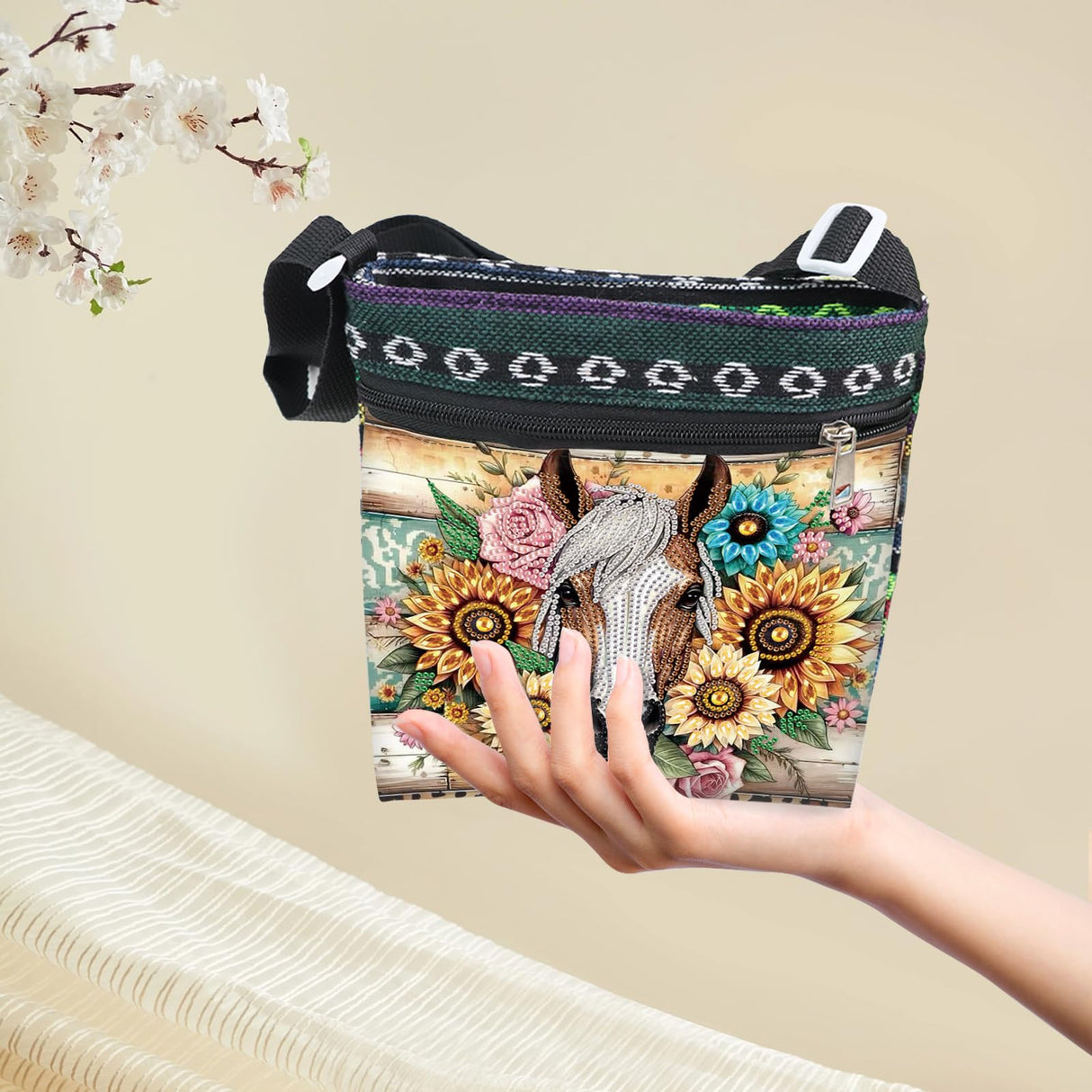 5D DIY Diamond Painting Shoulder Bag for Adults - Sunflower & Horse Design, Special Shape Crystal Rhinestone Art Handbag, Partial Diamond Art Craft Kit, Stylish Gift for Women antor