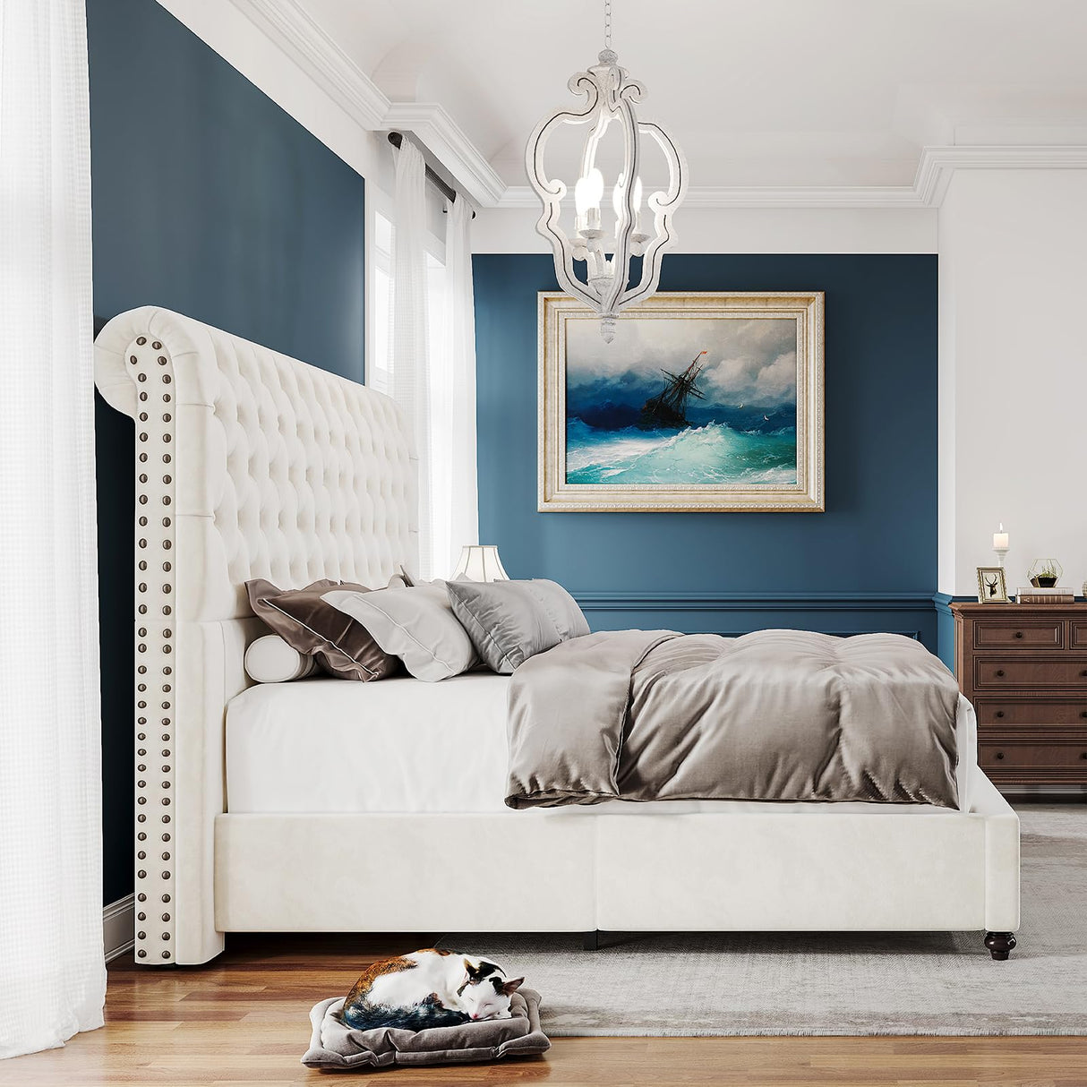 PaPaJet Bed Frame Queen Size Upholstered Platform Bed with 52.8'' Tall Sleigh Headboard, Button Tufted, No Box Spring Needed, Easy Assembly, Cream PaPaJet