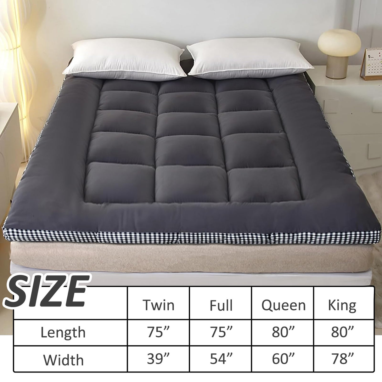 Thick Mattress Topper Twin Size - Non-Slip Mattress Pad Cover for Back Pain Breathable Folding Sleeping Pad Machine Washable Mattress Protector (39x75 inch,Black) Reberyle