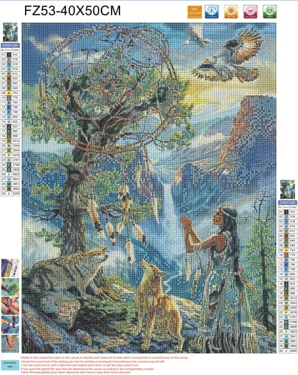 DIY 5D Diamond Art Painting by Number Kits Native American Indian Woman Dream Catcher Wolf and Eagle Paint with Square Diamonds Full Drill Beads Mosaic Art for Adults Wall Decoration (40x50CM) WoodArtSupply