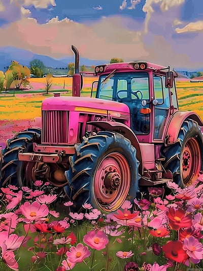UPABLUNSO The Pink Tractor in The Field of Flowers Diamond Painting Kit Handmade Hobbyist Tractor Diamond Painting 5D Round Diamond Cross Stitch Crafts Wall Decoration Gifts 12x16 inch