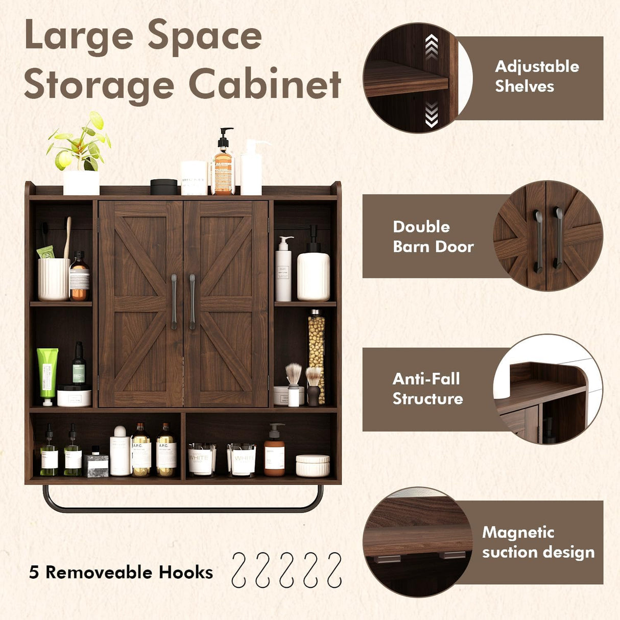 RUSTOWN Rustic Wood Wall Bathroom Cabinet, Farmhouse Medicine Cabinet Wall Mounted, Space Saving Wall Storage Cabinet with 2 Barn Door, 3-Tier Adjustable Shelves and Towel Bar(Dark Walnut) RUSTOWN