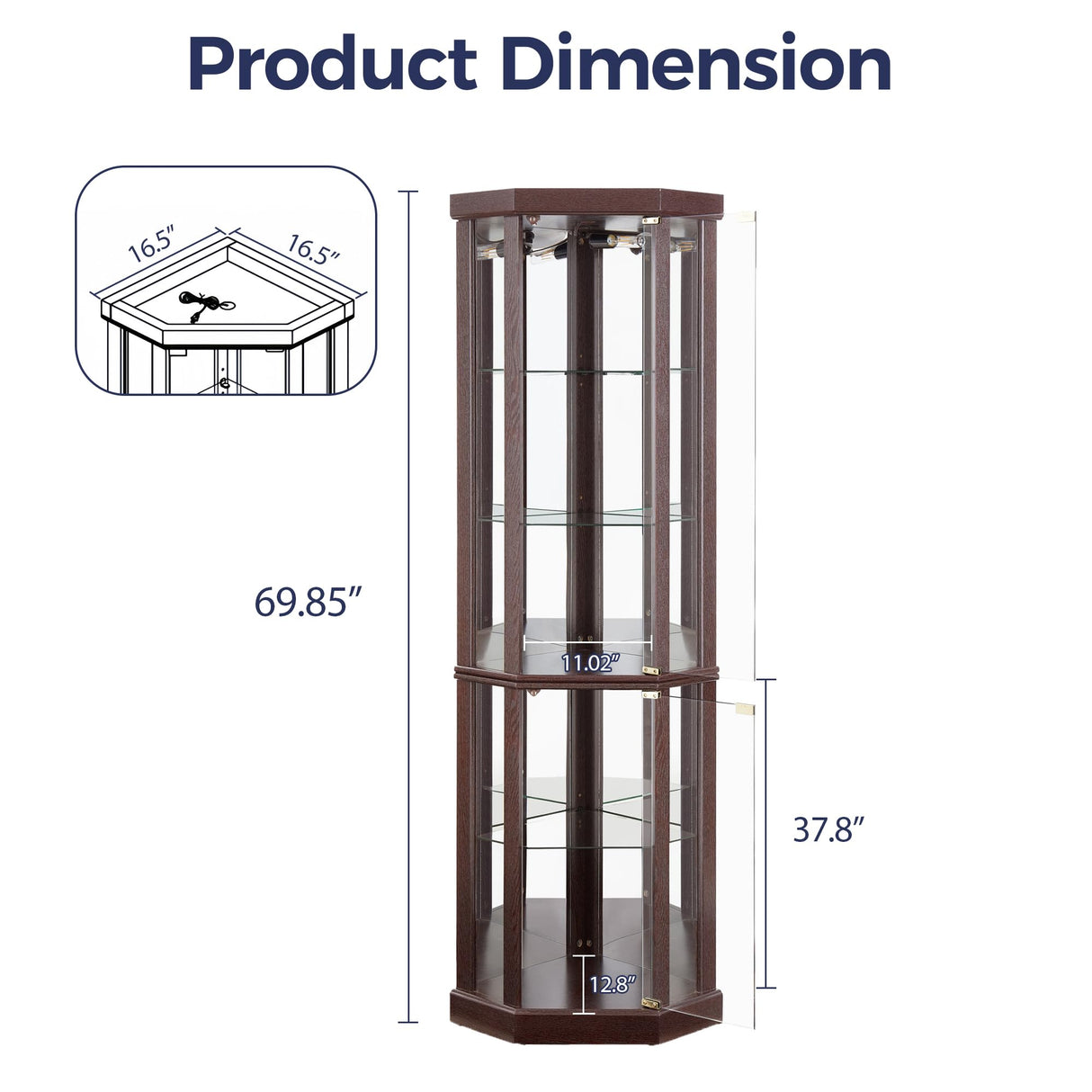 Trygoal Lighted 3-Side Glass Display Curio Cabinet, Corner China Cabinet with Tempered Glass Doors, Wooden Display Case with Light Bulb for Living Room, Dark Cherry Trygoal