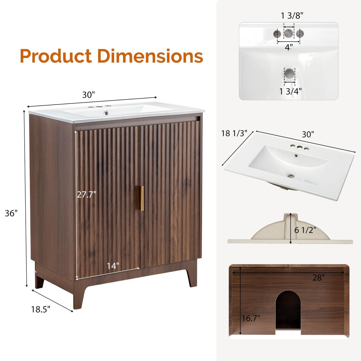 VINGLI 30Inch Walnut Fluted Bathroom Vanity with Ceramic Sink, 2-Door Cabinet, Mid-Century Modern Style, Perfect for Medium to Small Bathrooms VINGLI