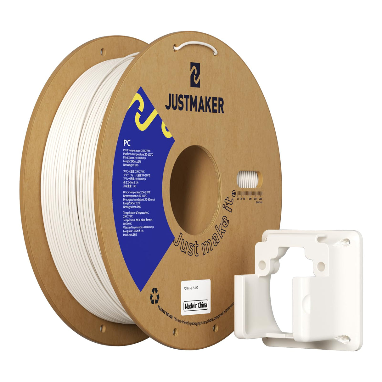 PC 3D Printer Filament, High Temperature Resistant, Low Warpage, Upgrade Cardboard Spool, 1kg, Dimensional Accuracy +/-0.03mm, 1.75mm, White JUSTMAKER