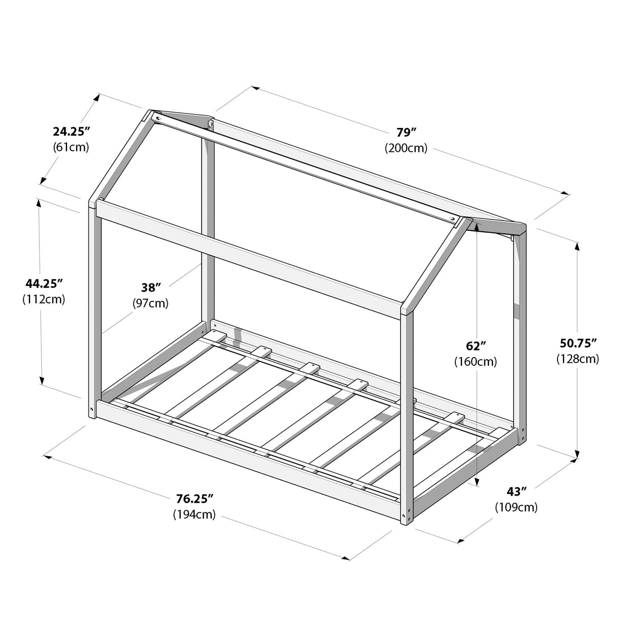 Max & Lily Twin Floor House Bed, Modern Solid Wood Low Bed Frame for Kids, Montessori Floor Bed for Bedroom, Playroom, Wooden Slats, White Max & Lily