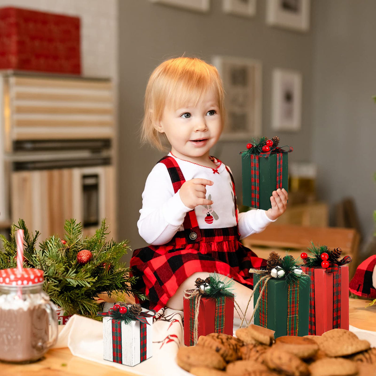 BBTO 6 Pcs Christmas Wooden Gifts Box Decor Christmas Table Decor Table Centerpieces with Buffalo Plaid Bowknot Faux Present Wooden Blocks Rustic Wooden Gifts Tiered Tray Decor for Xmas Party Decor BBTO