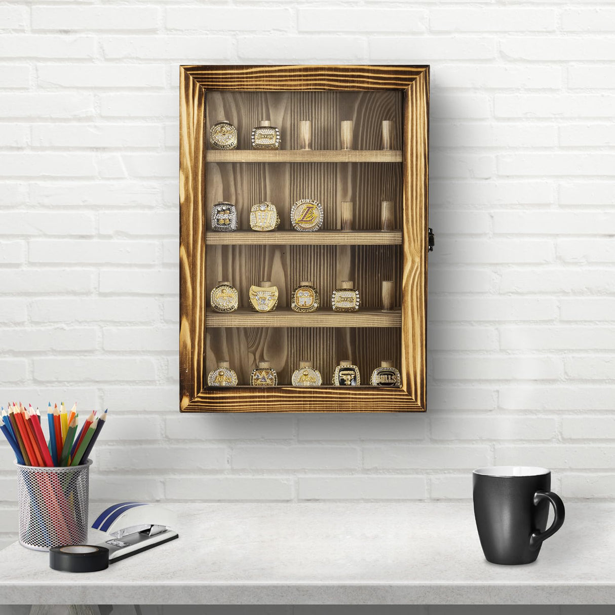 MyGift 4-Tier Wall Mounted Rustic Burnt Solid Wood Sports Championship Ring Holder with Metal Latch Closure, 20-Peg Fraternity, Class Rings Display MyGift