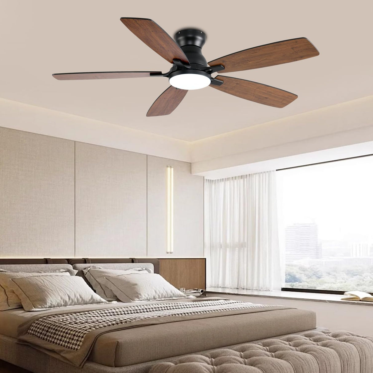 NKPU 52inch Ceiling Fans with Lights, Low Profile Ceiling Fan with Light and Remote/APP Control, DC Reversible Motor, Noiseless, Flush Mount, Brown Ceiling Fan for Bedroom Indoor/Outdoor Use NKPU