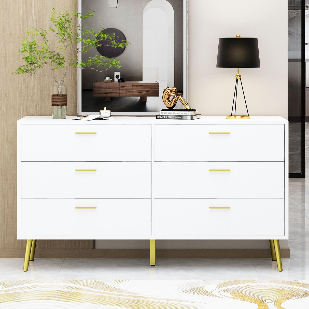 TAMUNE 54” 6 Drawer Dresser, Modern 6-Drawer Chest with Gold Metal Handles, Bedroom Dresser with Gold Metal Legs, for Living Room Entryway White (54”W x 15.7”D x 30.1”H) TAMUNE
