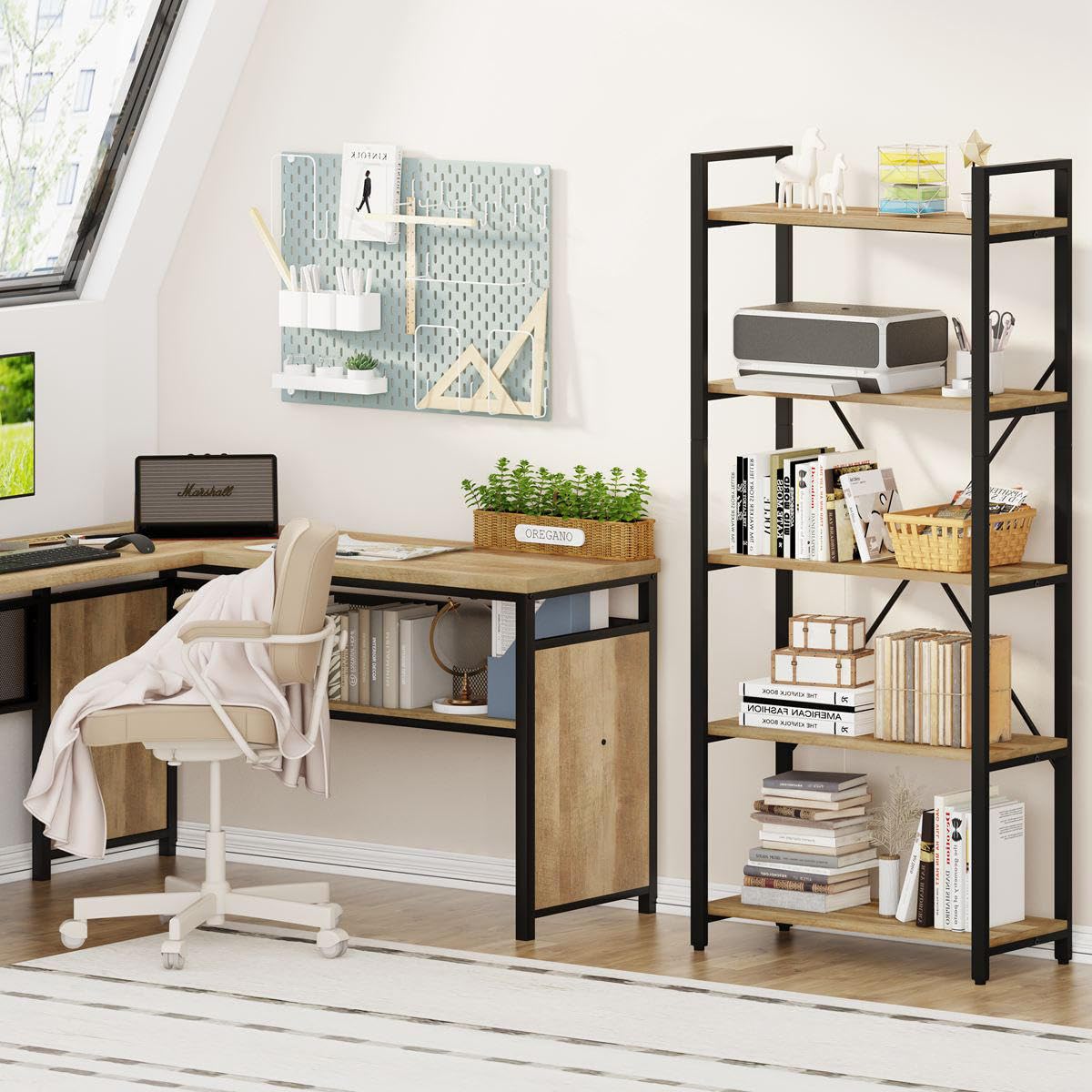 FATORRI 5-Tier Rustic Oak Industrial Bookshelf – Stylish Wood and Metal Etagere Bookcase FATORRI