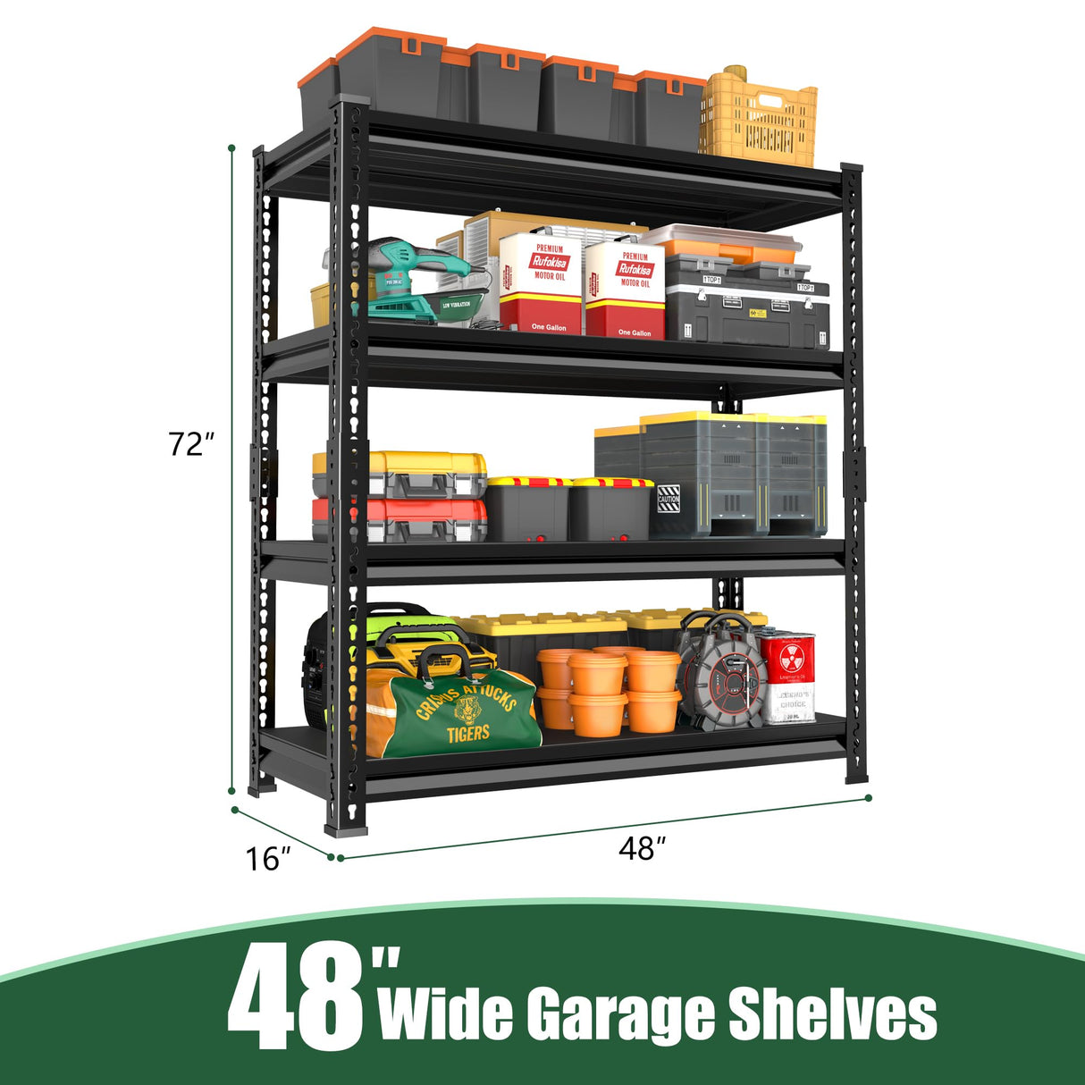 Rufokisa 48" W Garage Shelving Heavy Duty,2000LBS Loads Adjustable Garage Storage Shelves, 4-Tier Metal Shelving Units and Storage Racks Heavy Duty, 48”W x 16”D x 72”H,Black Rufokisa