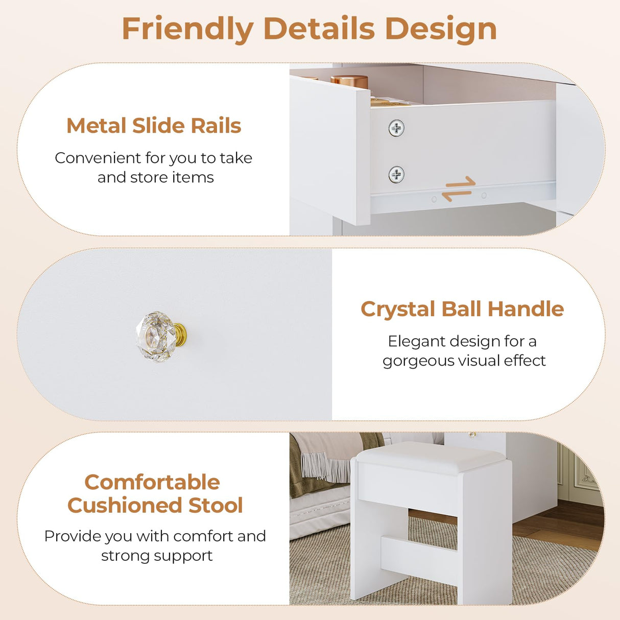 Hasuit Makeup Vanity Desk with Large Lighted Mirror and 9 Drawers, Large Vanity Desk with Storage Rack, Hook, Crystal Handle, White Bedroom Vanity Table Set with Charging Station, Lights Adjustable Hasuit