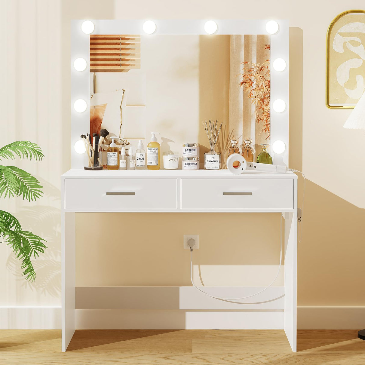 usikey Vanity Desk with Large Lighted Mirror, Makeup Vanity with 10 Lights, 2 Drawers & Power Strip, Vanity Desk Set, Dressing Vanity Tables for Women Girls, Bedroom, White usikey
