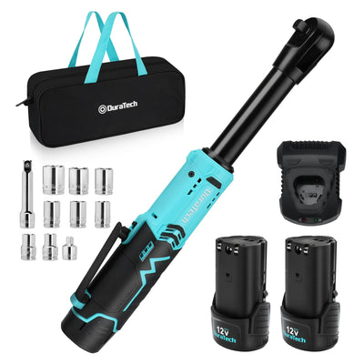 DURATECH Extended Cordless Ratchet Wrench, 3/8" 12V 44 Ft-Lbs Long Neck Electric Ratchet Wrench with 2-Pack 2.0Ah Li-Ion Battery, 1 Hour Fast Charger, 10 Sockets Accessories & Variable Speed Trigger