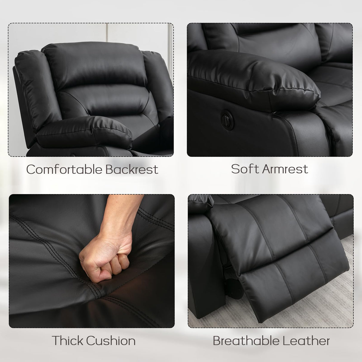 EBELLO Faux Leather Power Electric Reclining Sofa, Overstuffed Comfortable Armrest 3 Seat Recliner Sofa, Couch for Living Room, Bedroom Furniture, Meeting Room, Black (3 Seat Sofa) EBELLO