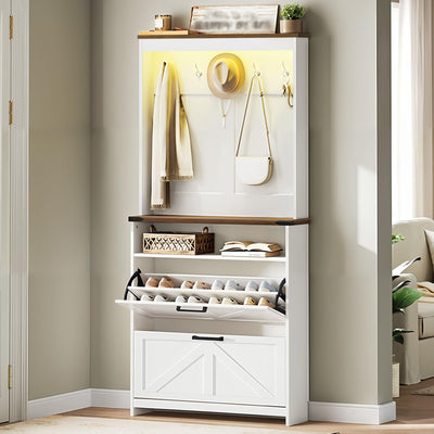 Farmhouse Shoe Cabinet with Coat Rack, Tall Shoe Cabinet with 2 Flip Drawers, Narrow Hidden Shoe Storage Cabinet, 2 in 1 Hall Tree Slim Freestanding Shoe Rack Organizer for Entryway, LED Light, White