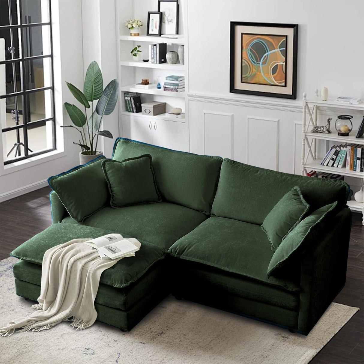 SoarFlash Chenille Sectional Sofa, Comfy L Shaped Modular Coush Sofa with Ottoman, Modern 2 Seat Couch Deep Seat Sofa Set for Living Room,Green SoarFlash