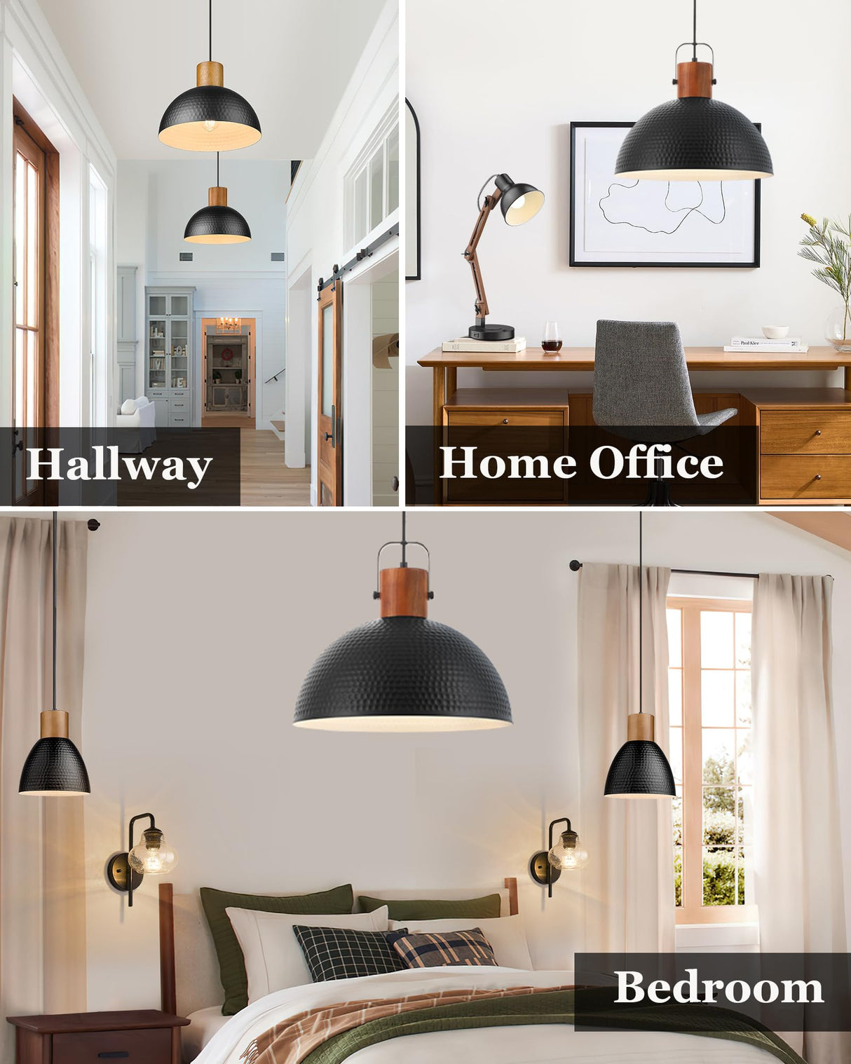 ELYONA 2 Pack Large Pendant Light Fixtures 16 Inch Hammered Metal Ash Wood Dome Ceiling Hanging Lamp, Industrial Kitchen Island Pendant Lighting for Farmhouse, Dining Room,Living Room, Black ELYONA