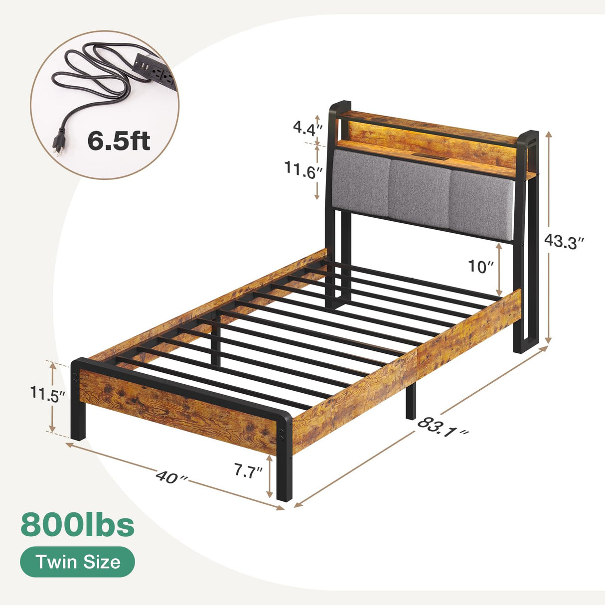 Novilla Twin Bed Frames for Kids with Charging Station and LED Lights, Upholstered Headboard with Storage Shelves, Heavy Duty Metal Slats, No Box Spring Needed, Easy Assembly Novilla