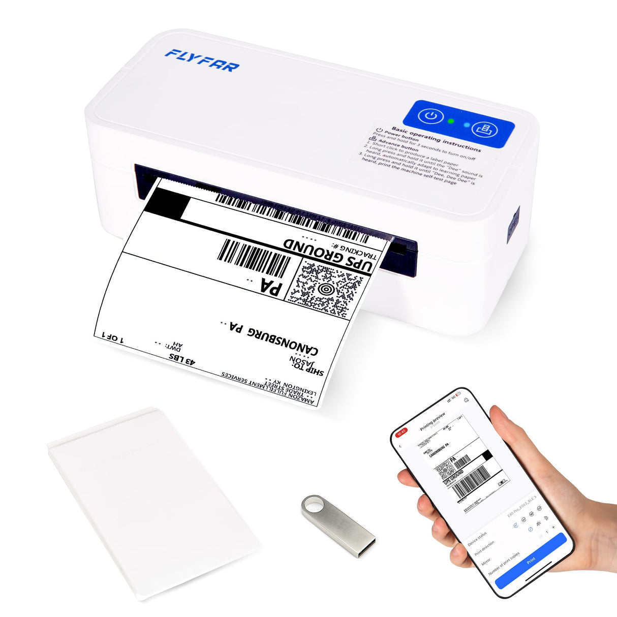 FLYFAR Bluetooth Thermal Shipping 4x6 Label Printer,Wireless Label Printer for Small Business,Support Windows,iOS,iPhone, Android,Used for Amazon,Shopify,Ebay,Ups,FedEx(White) FLYFAR