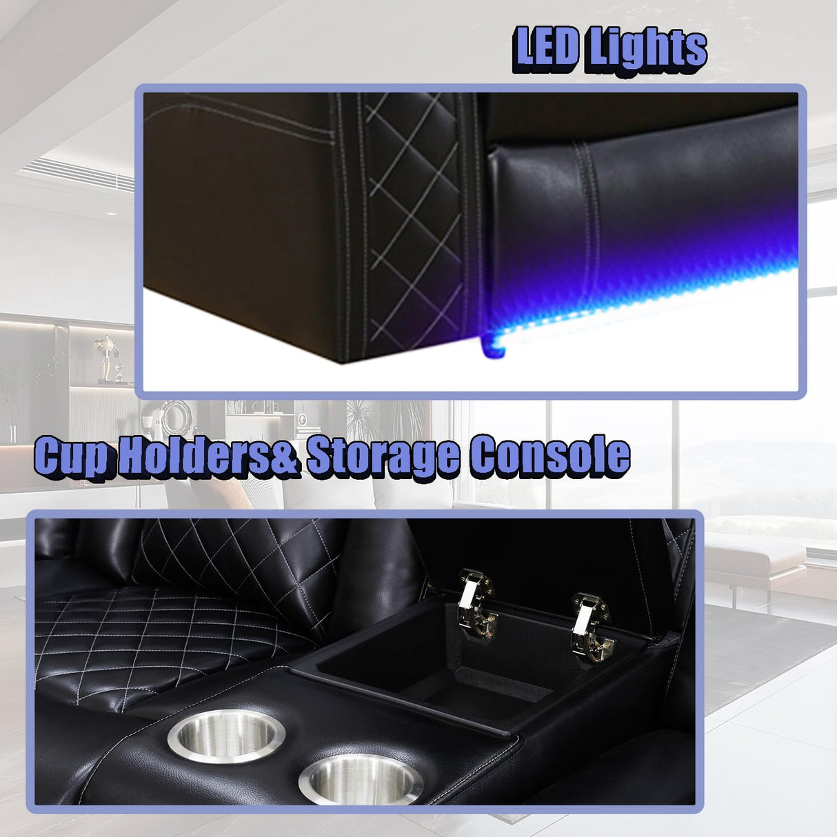 Dekmxas Living Room Furniture Set, Power Sectional Recliner Sofa Set with LED Light,Black Air Leather Power Reclining Sofa with 2 Recliner Seats/Cup Holders/USB Port/Storage Console for Living Room Dekmxas