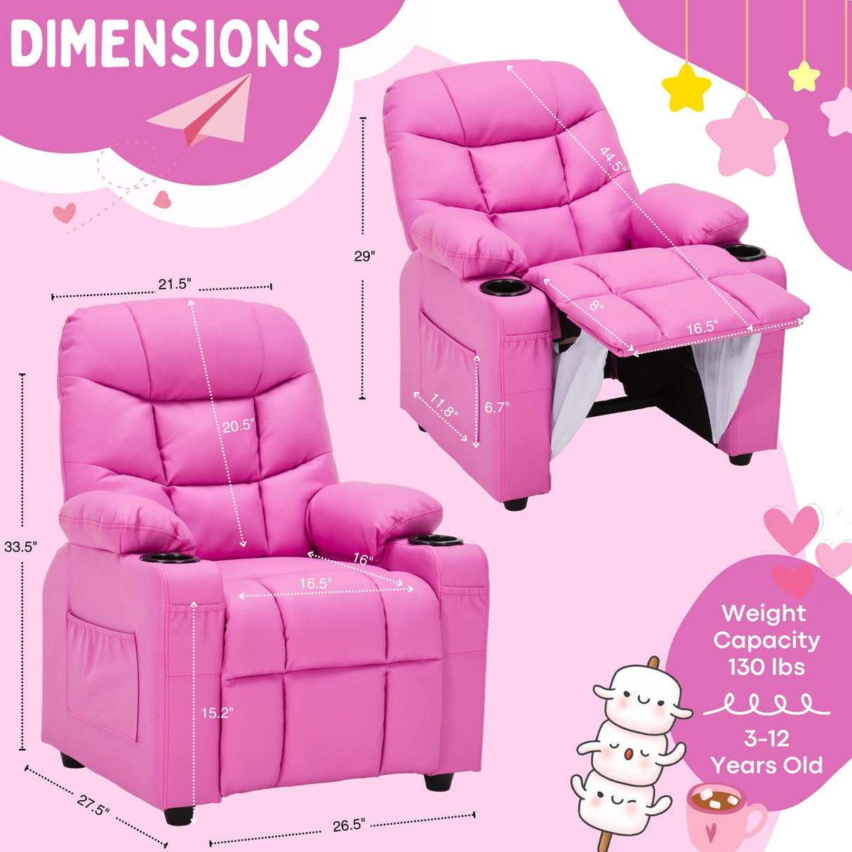 SNUGWAY Marshmallow Larger Kids Reclining Chair Leather Recliner Sofa Children Ages 3-12 SNUGWAY