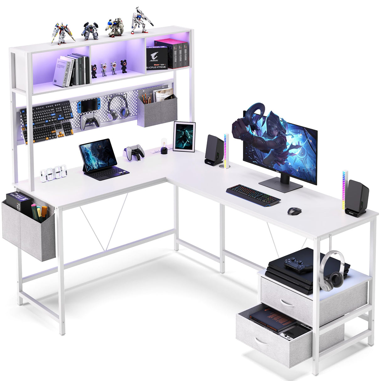 Dowinx L Shaped Desk with Pegboard and Drawers, Reversible 67” Gaming Desk with RGB Light and Power Outlet, Computer Corner Desk with Storage and Hutch for Game Office Home, White Dowinx