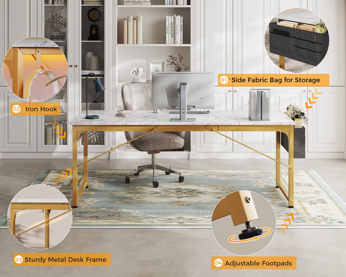 ODK Computer Desk Large Office Desk, 63 Inch Gaming Desk with Storage, Modern PC Desk Work Table with Headphone Hook for Home Office, Splice Board, White Marble + Gold Leg ODK