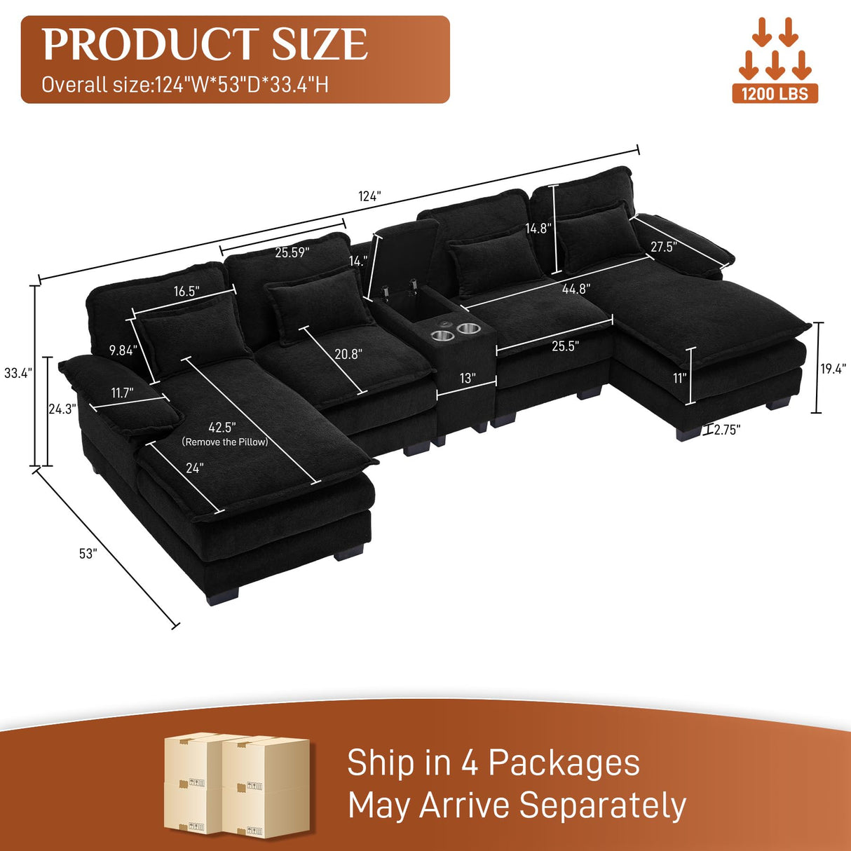 U Shaped Cloud Couch Sectional Sofa, 124" Comfy Fluffy Chenille Cloud Black Sectional Couches for Living Room with Double Chaise Lounge, Modern Modular Sofa with Central Console & USB Port ONEMMLION