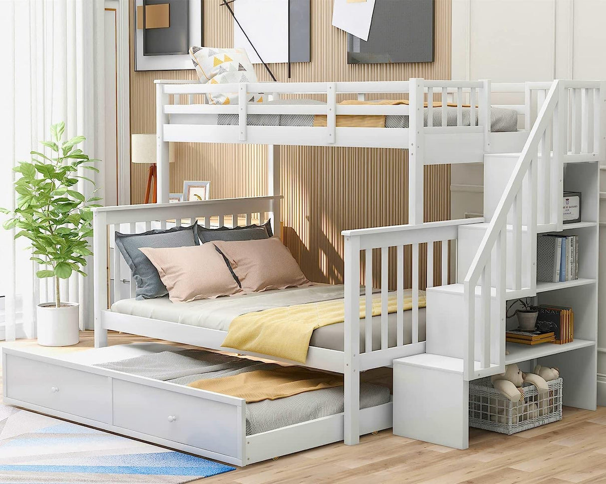 CITYLIGHT Twin Over Full Bunk Beds with Twin Size Trundle & Stairs, Solid Wooden Bunk Bed Twin Over Full Size with Storage Stairway and Guard Rail for Bedroom, Dorm, Kids, Teens, Adults (White) CITYLIGHT