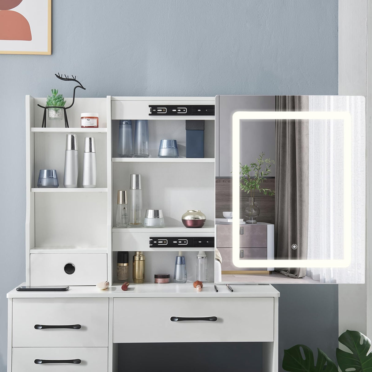 JBLCC Vanity Desk with Lighted Mirror, Large Makeup Vanity with Sliding Mirror, Storage Drawer & Chair, White Vanity Set Dressing Table for Bedroom (QW56LED) JBLCC