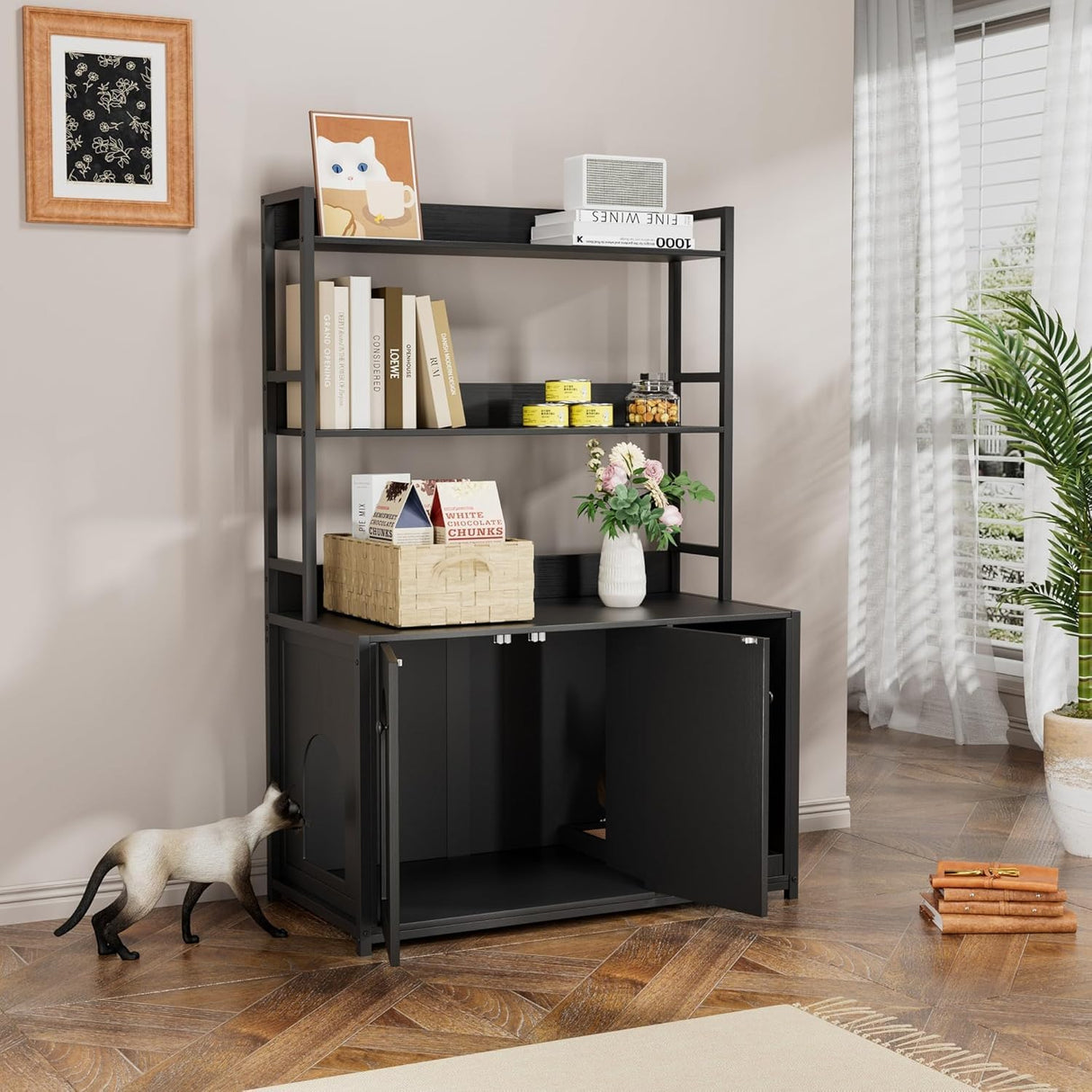 FinerFurnis Litter Box Enclosure with 2 Storage Shelves Black Hidden Cat Litter Box Furniture with Scratch Pad Indoor Cat House Kitty Box Washroom Cat Bookshelf Cabinet-Black FinerFurnis