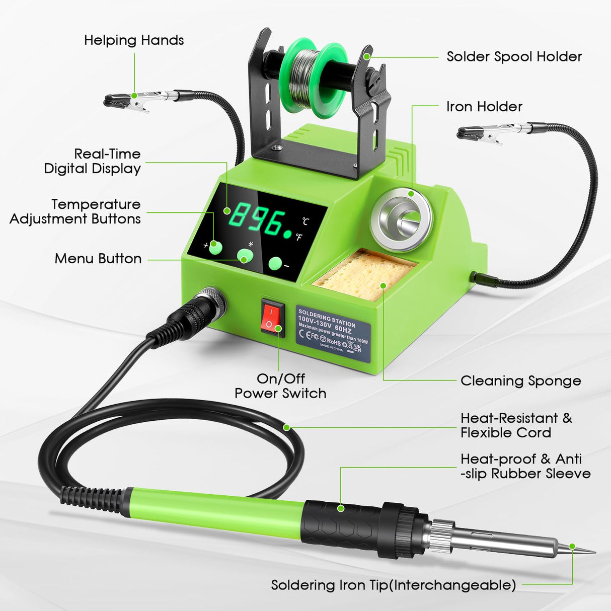 Soldering Station, 100W Digital Display Soldering Iron Station Kit with 2 Helping Hands, 356°F - 896°F, Auto Sleep, °C/°F Conversion, Solder Wire, Tips, Stand, Pump, Tweezers, Tip Cleaner, Green Crtsweker