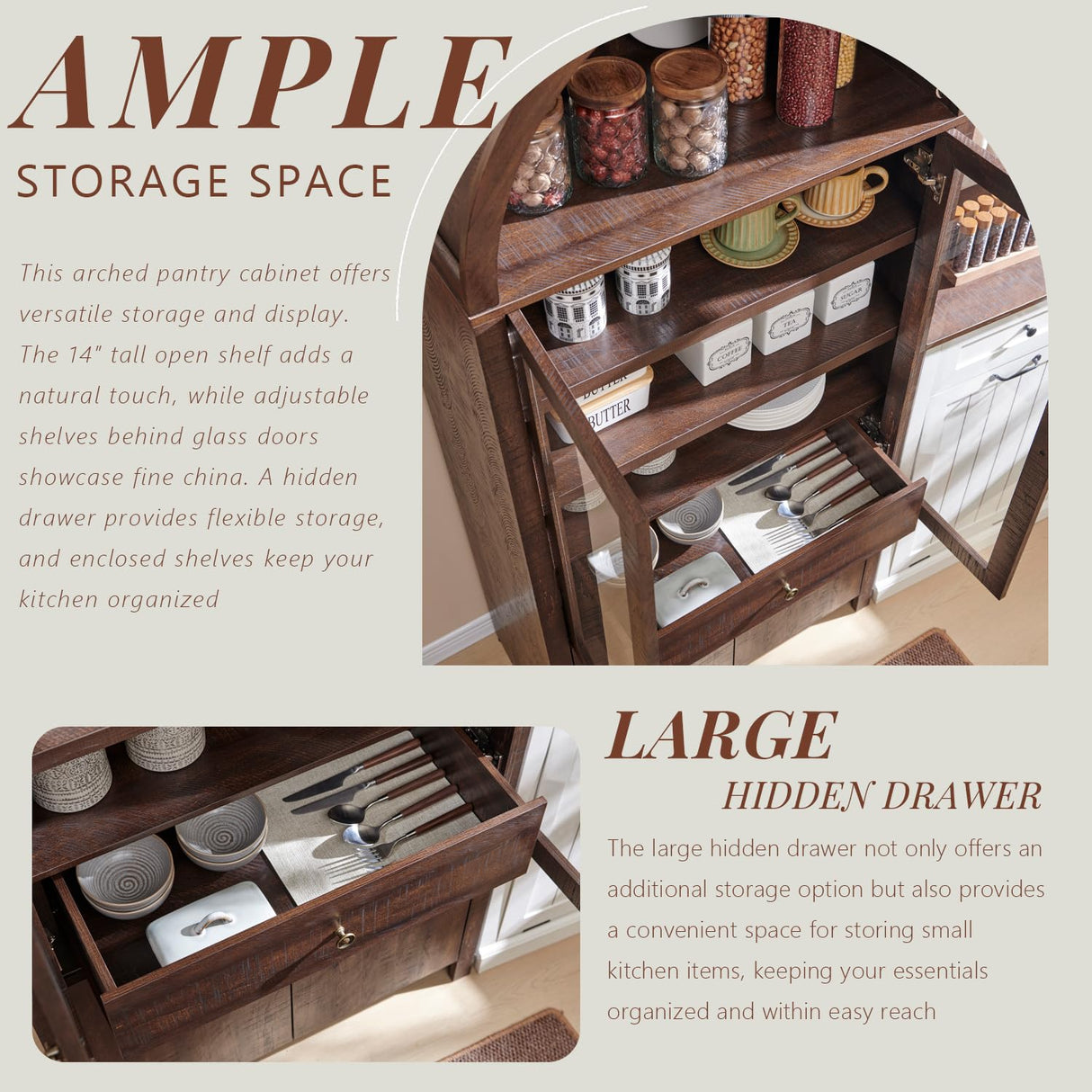 IFGET 71" Tall Arched Kitchen Pantry Cabinet, Modern Farmhouse Kitchen Storage Cabinets with Open & Adjustable Shelves, Hidden Drawer & Glass Door, Versatile Cupboard for Kitchen, Dining Room, Brown IFGET