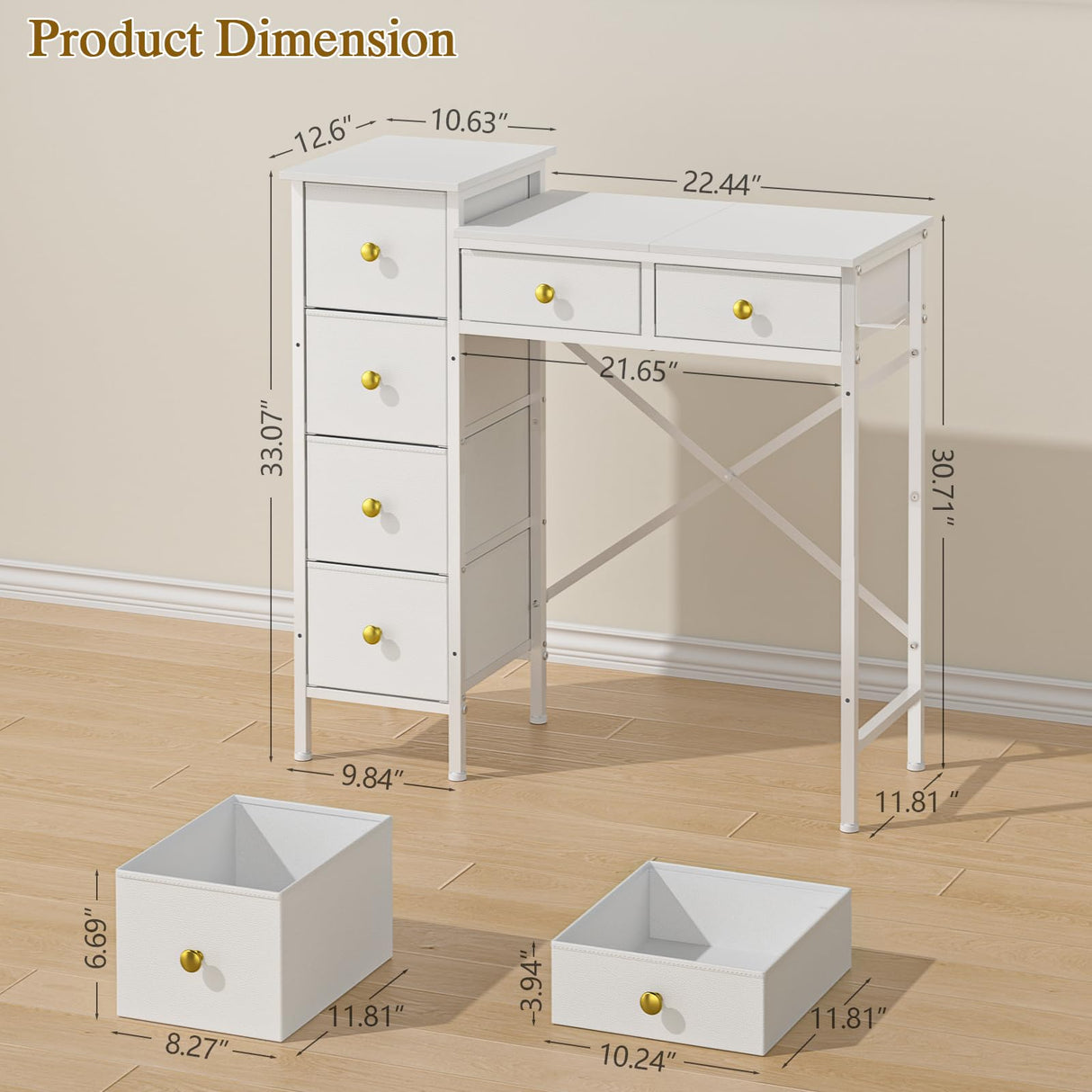 Vanity Desk No Mirror, Small White Vanity Desk, Makeup Girls Vanity Table with 6 Storage Drawers, Dressing Table for Small Spaces, Compact Vanity with Iron Hook for Bedroom, 33.07"L x 12.6"W x 33.07"H DAOUTIME