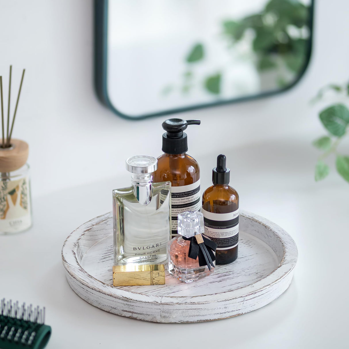 Romadedi Rustic Wooden Tray Candle Holder - Round Wood Decorative Pillar Candle Tray for Coffee Table Farmhouse Kitchen Countertop Organizer Home Decor Wedding Centerpiece, Distressed White Romadedi