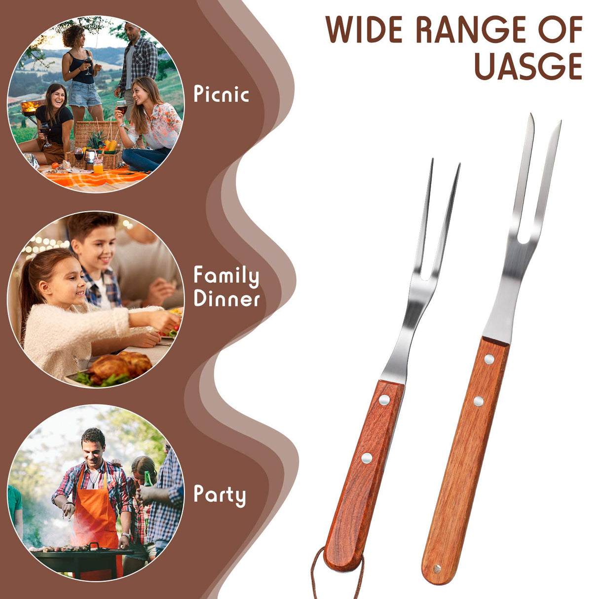 Meat Forks with Rosewood Handle and Stainless Steel Carving Fork Barbecue Fork for Christmas Kitchen Roast (2 Pieces,13 Inch, 10 Inch) Honoson