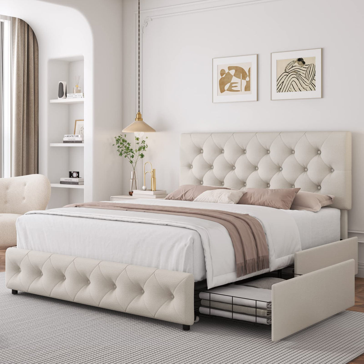 Full Size Bed Frame with 4 Storage Drawers and Adjustable Headboard, Upholstered Platform Bed with Button Tufted Design, Strong Wooden Slats Support, No Box Spring Needed, Fabric, Cream TTVIEW