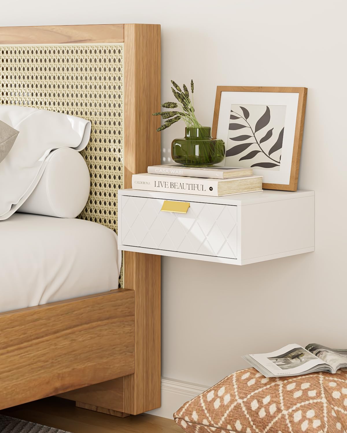 Aienvey Floating nightstand, Floating Shelf with Drawer, Wall Mounted Nightstand, Floating Bedside Table (White Diamond) Aienvey