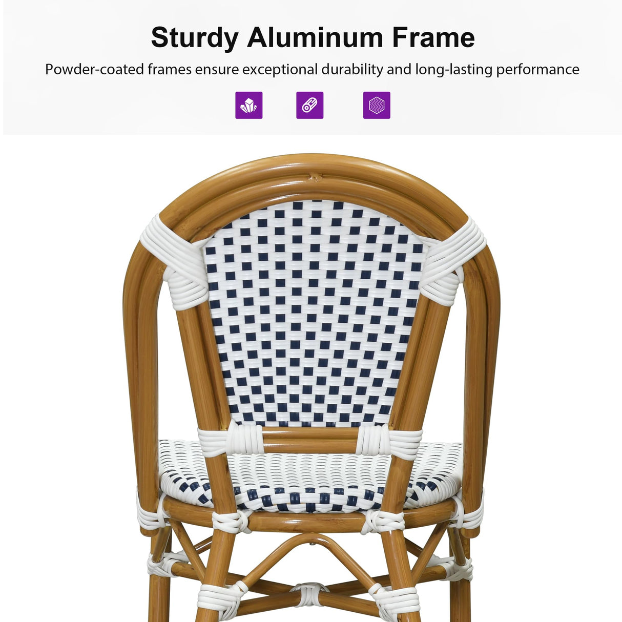 PURPLE LEAF Outdoor Dining Chair Set of 2 Patio French Aluminium Frame in Bamboo Finish with Sky Blue & White Woven Rattan for Indoor Kitchen Deck Bistros Cafe Restaurant PURPLE LEAF
