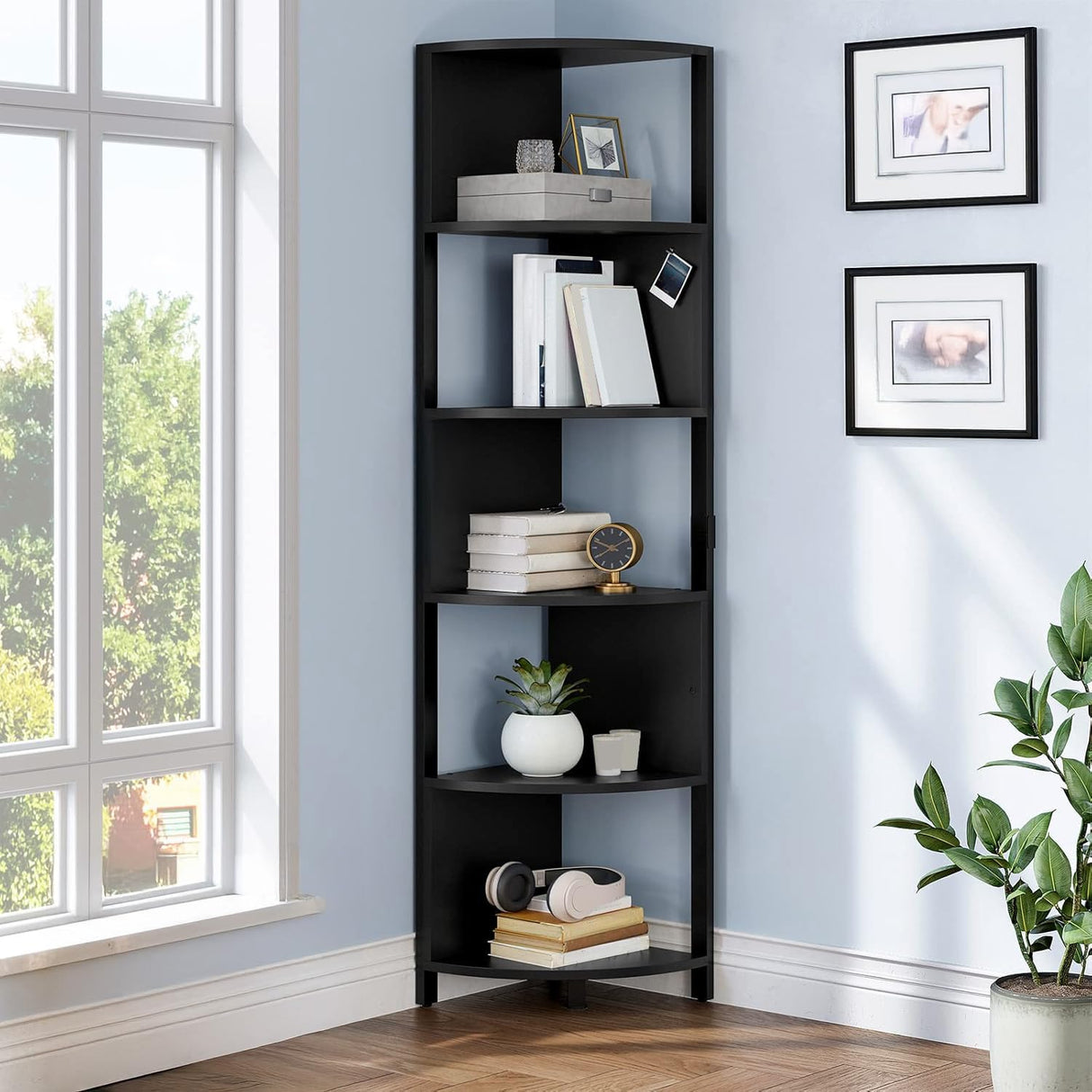YITAHOME 6-Tier Corner Shelf, 68.8" Tall Modern Free Standing Zigzag Corner Bookshelf, 6 Shelf Display Corner Bookcase Open Small Book Shelves for Living Room, Home Office, Small Space, Black YITAHOME