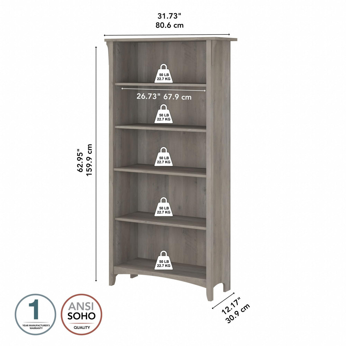 Bush Furniture Salinas 5 Shelf Bookcase in Driftwood Gray, Tall Bookshelf, Large Book Shelf for Living Room, Home Office, or Entryway Bush Furniture