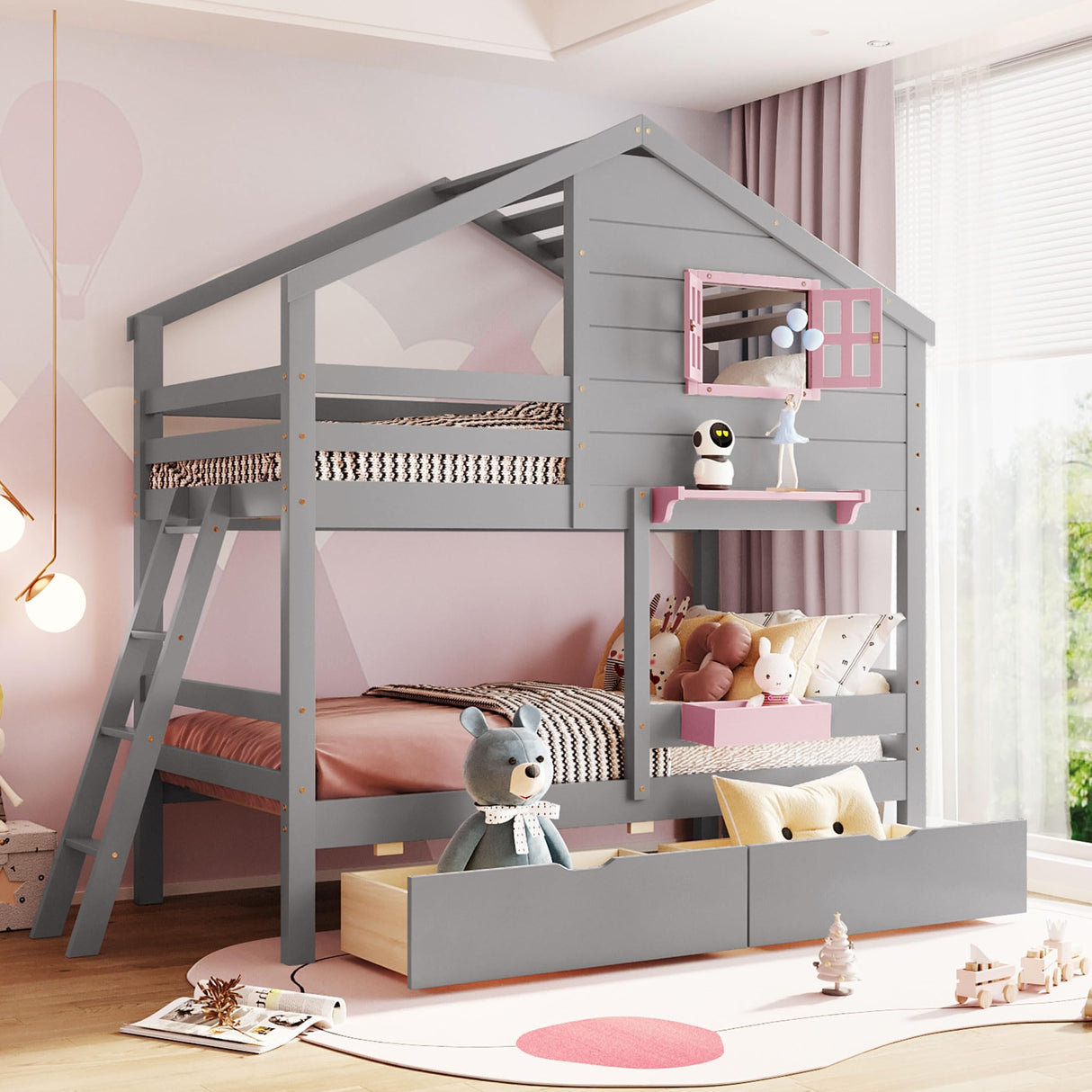 Harper & Bright Designs House Bunk Bed for Kids, Twin Over Twin Bunk Beds with Storage Drawers & Shelf, Solid Wood Bunk Bed with Roof & Window for Kids Girls Boys Teens,Gray Harper & Bright Designs