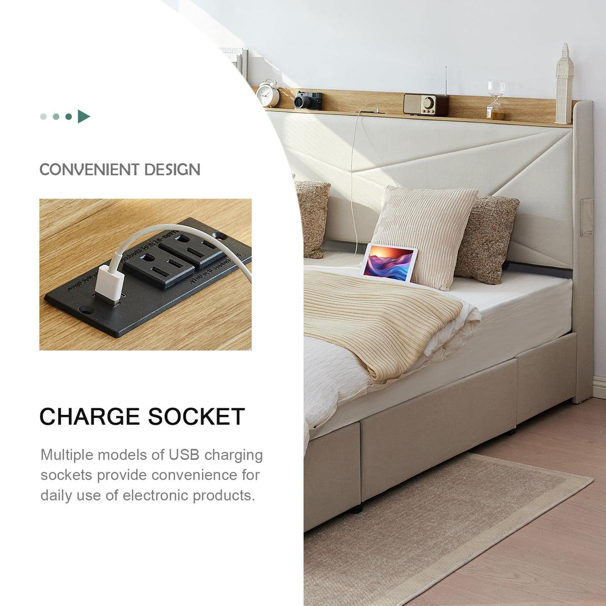 Tsuysi King Bed Frame with Headboard, Noise Free and No Spring Need Platform Bed Frame King Size with 3 Storage Drawers and USB Port for Home, Hotel, Guesthouse (Beige) Tsuysi